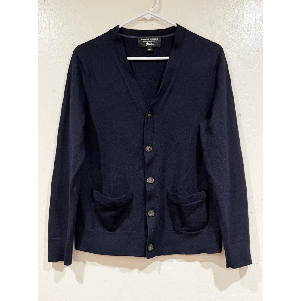 Banana Republic Mens Italian Merino Wool Cardigan Sweater Navy Blue Baruffa L